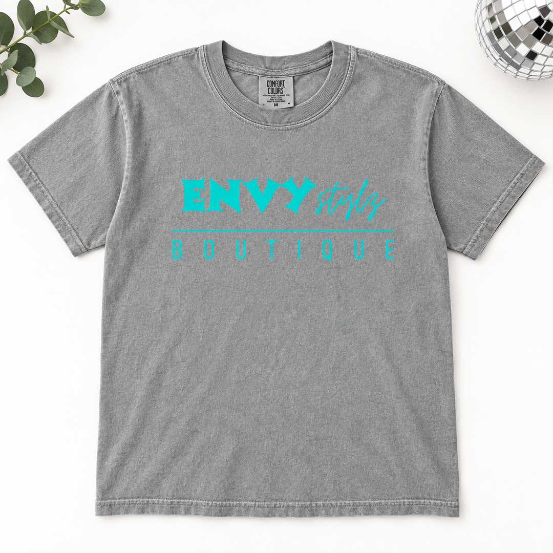 Envy Stylz Logo Grey boutique graphic T-shirt flat product view
