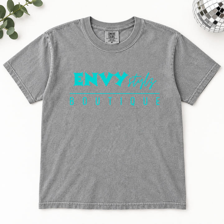 Envy Stylz Logo Grey boutique graphic T-shirt flat product view