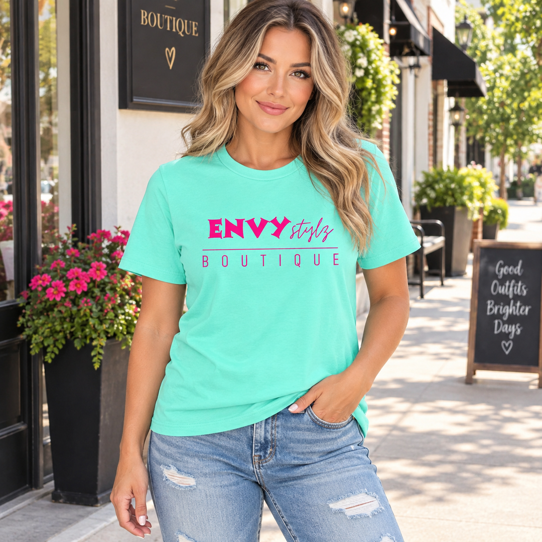 Woman wearing Envy Stylz Logo Island Reef boutique graphic T-shirt