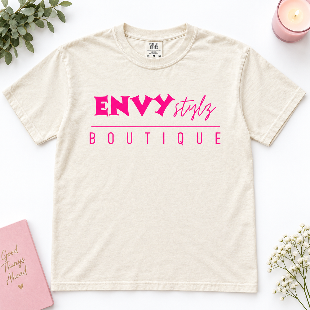 Envy Stylz Ivory boutique logo graphic T-shirt flat product view