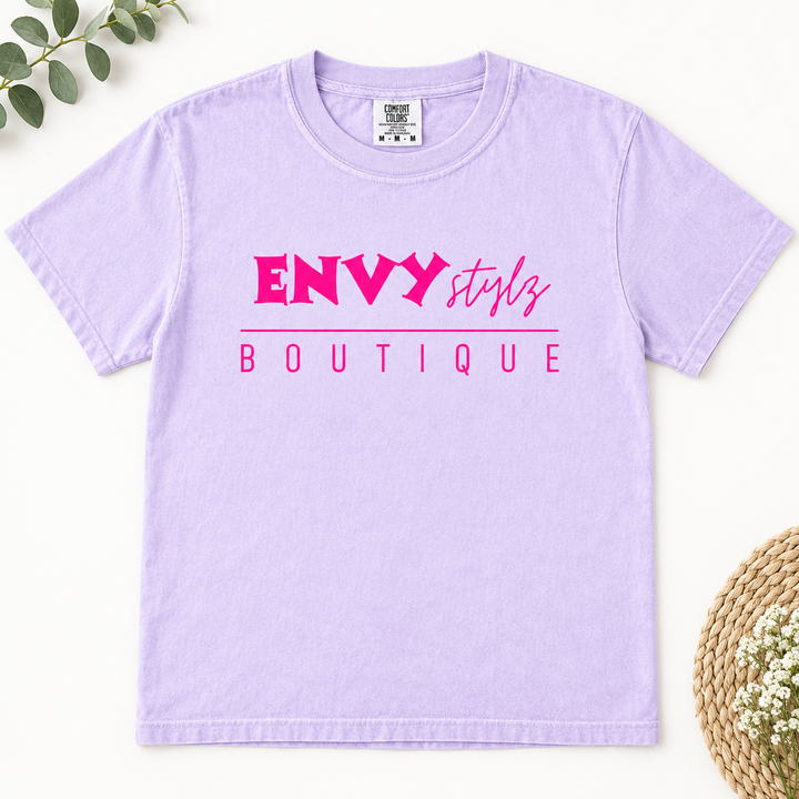 Envy Stylz Logo Lilac boutique graphic T-shirt flat product view