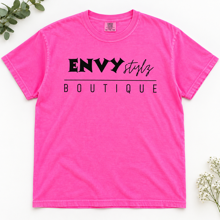 Envy Stylz Neon Pink boutique logo graphic T-shirt flat product view