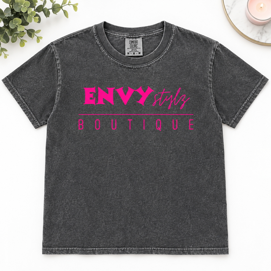 Envy Stylz Logo Pepper boutique graphic T-shirt flat product view