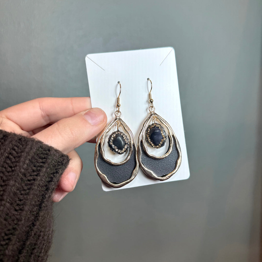 Envy Stylz Boutique Women - Accessories - Earrings Black/ Gold Double Teardrop Stone Earrings