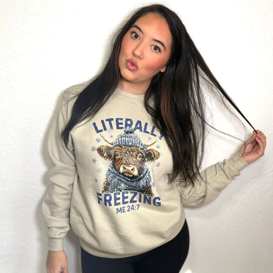 Envy Stylz Boutique Women - Apparel - Shirts - Sweatshirt Freezing Highland Cow Church Christmas Graphic T-shirt - Women&