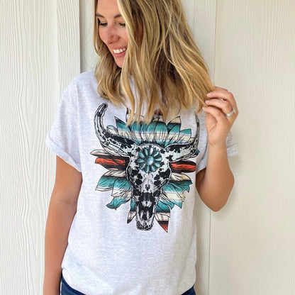 Envy Stylz Boutique Women - Apparel - Shirts - T-Shirts Cow Print Serape Turquoise Bullskull Flower Graphic Tee