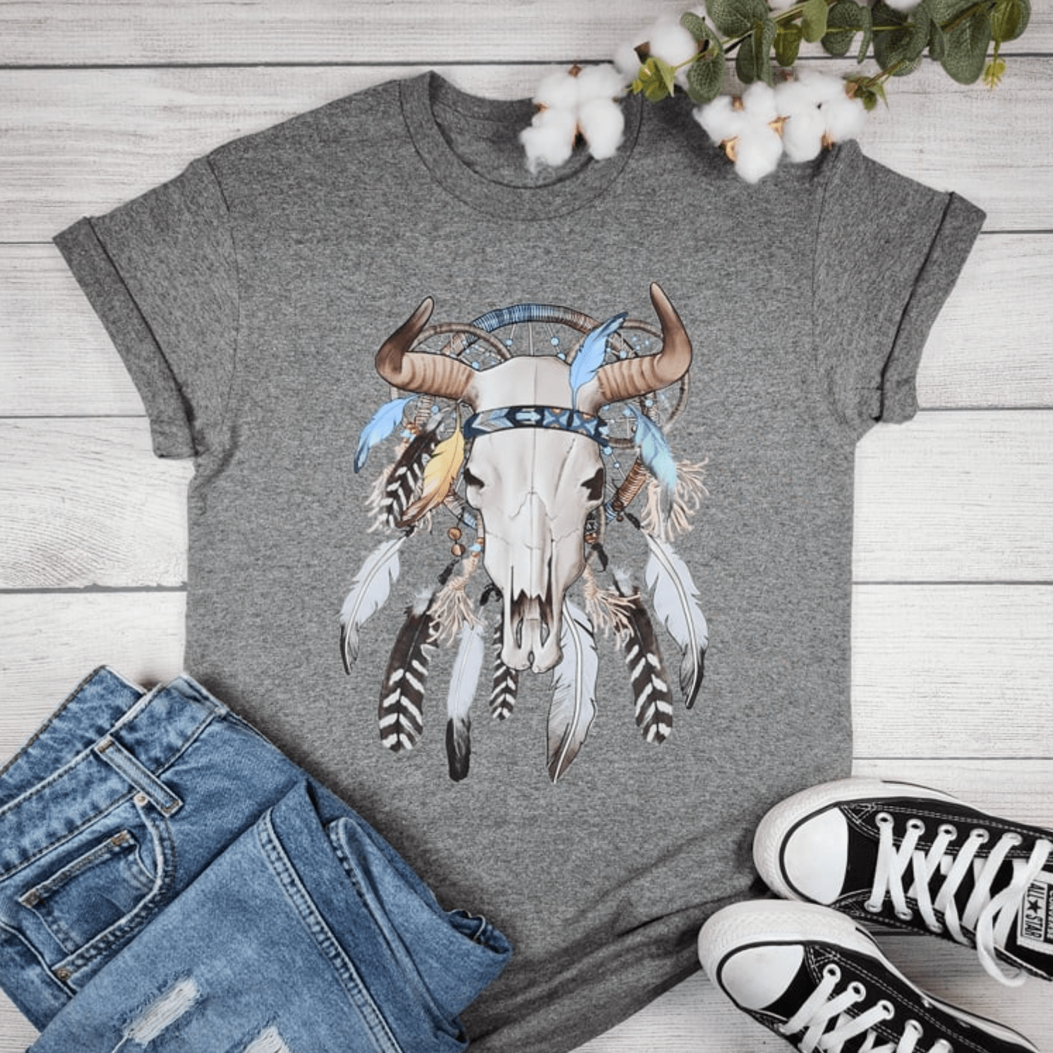 Envy Stylz Boutique Women - Apparel - Shirts - T-Shirts Dreamcatcher Cow Skull Graphic T-shirt