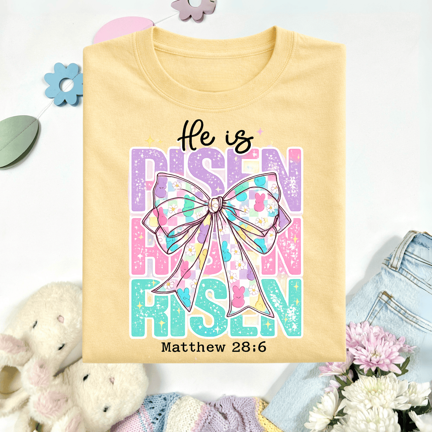 Envy Stylz Boutique Women - Apparel - Shirts - T-Shirts He Is Risen Pastel Bow Graphic Tee