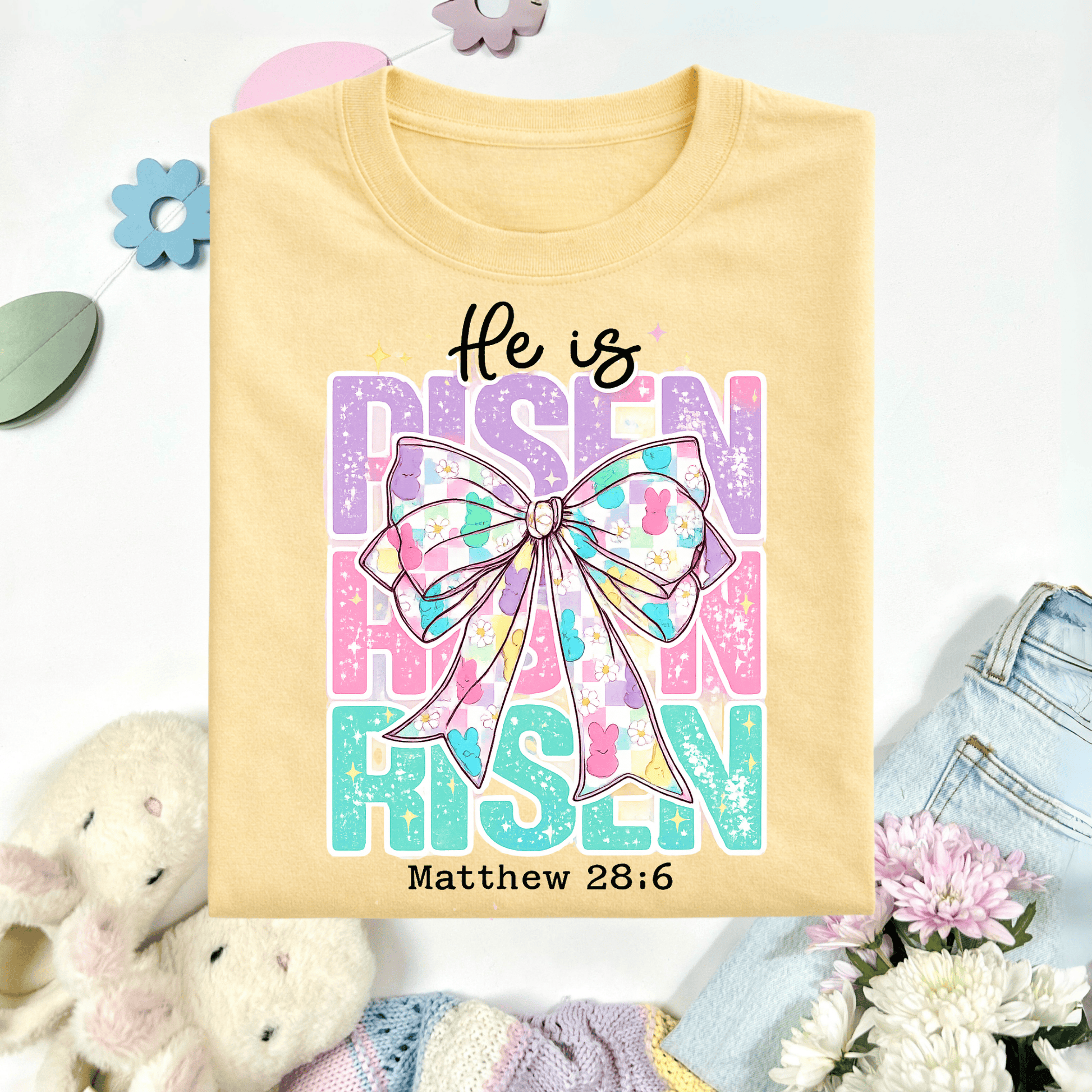 Envy Stylz Boutique Women - Apparel - Shirts - T-Shirts He Is Risen Pastel Bow Graphic Tee
