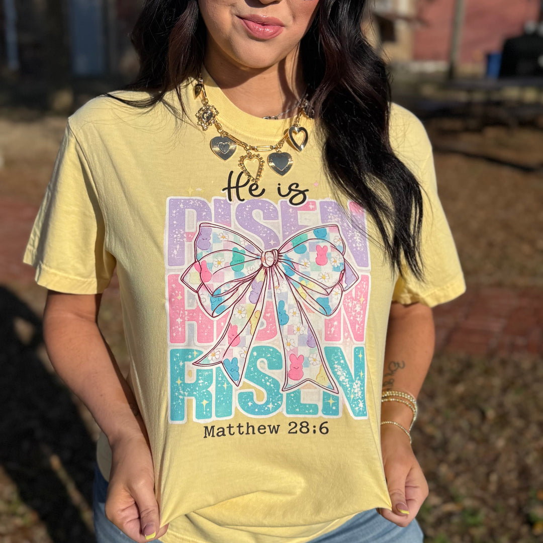 Envy Stylz Boutique Women - Apparel - Shirts - T-Shirts He Is Risen Pastel Bow Graphic Tee