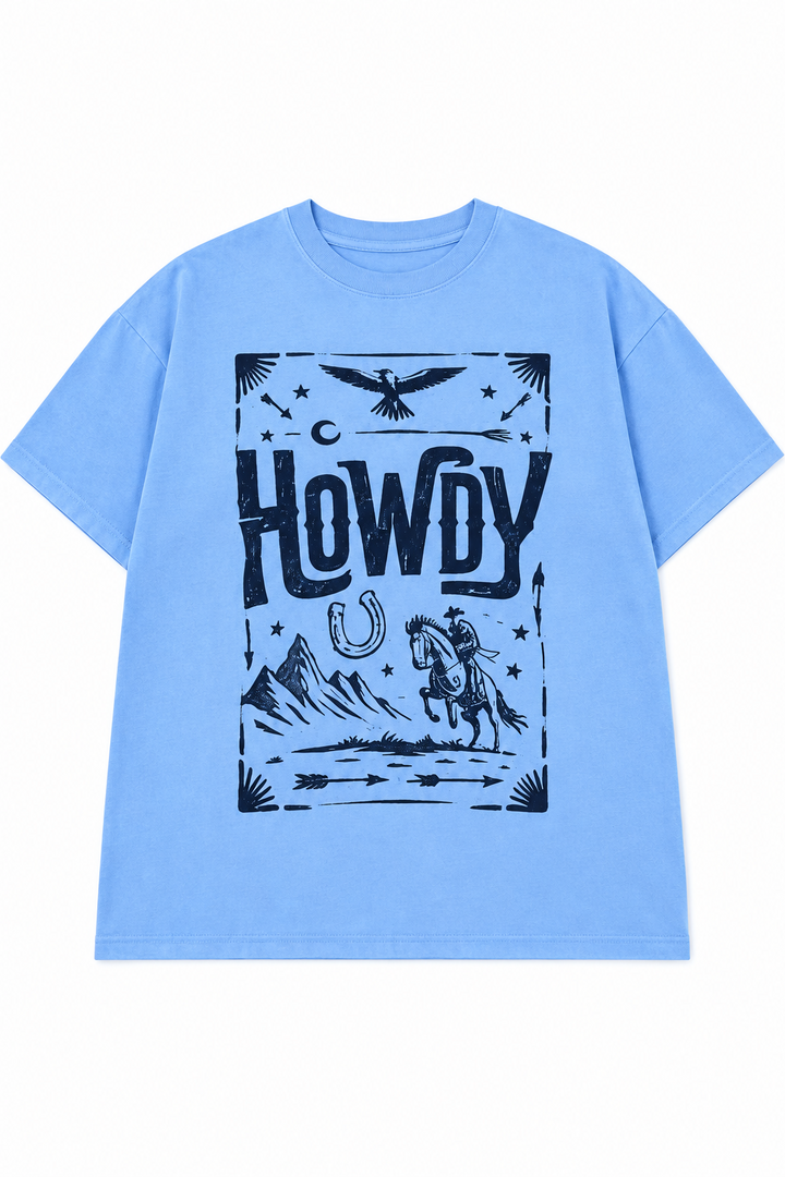 Howdy Horse Western Graphic Tee in Heather Blue