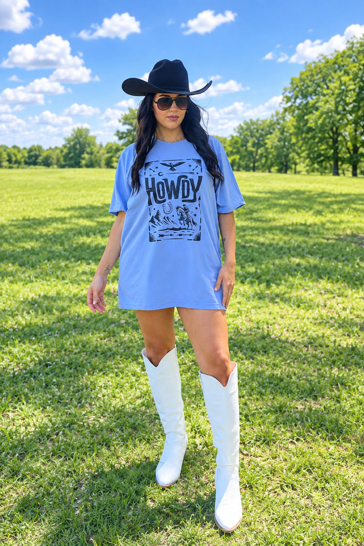 Howdy Horse Western Graphic Tee in Heather Blue