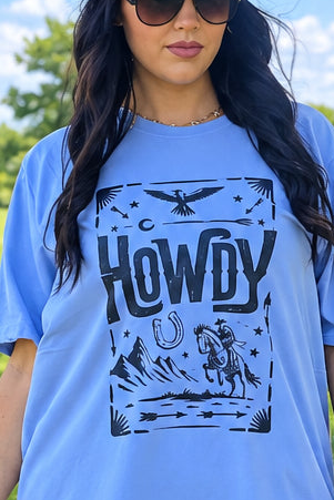 Howdy Horse Western Graphic Tee in Heather Blue