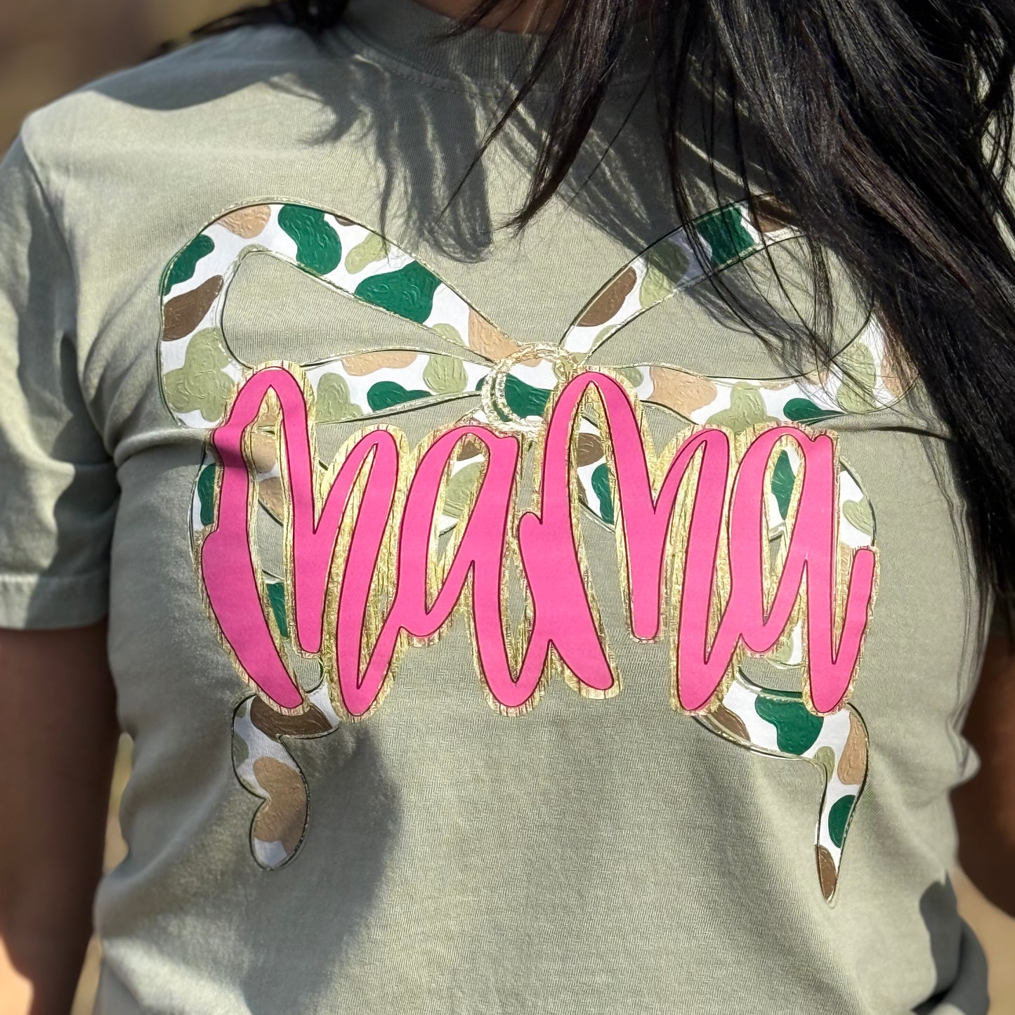 Envy Stylz Boutique Women - Apparel - Shirts - T-Shirts Mama Camo Bow Faux Glitter Graphic Tee