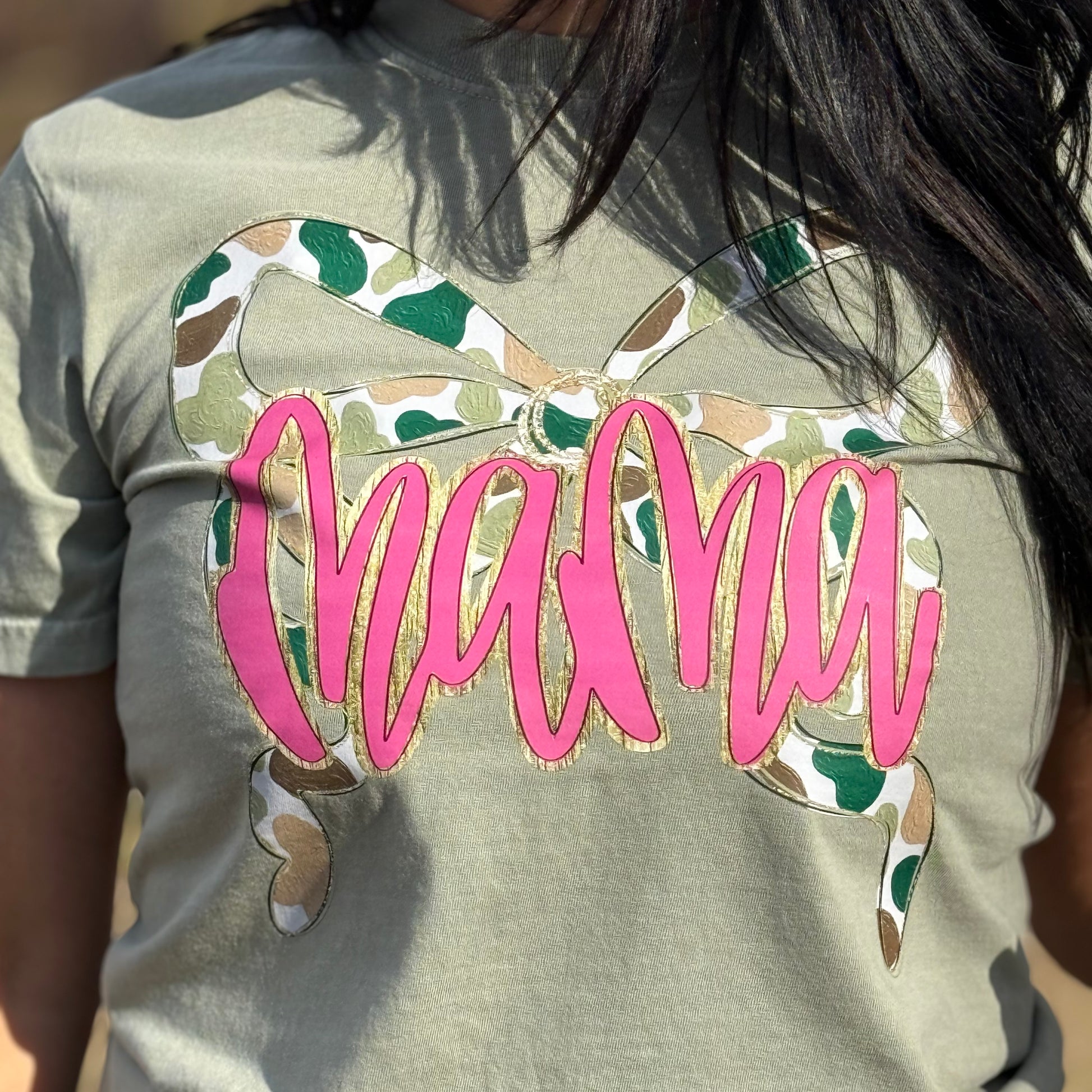Envy Stylz Boutique Women - Apparel - Shirts - T-Shirts Mama Camo Bow Faux Glitter Graphic Tee