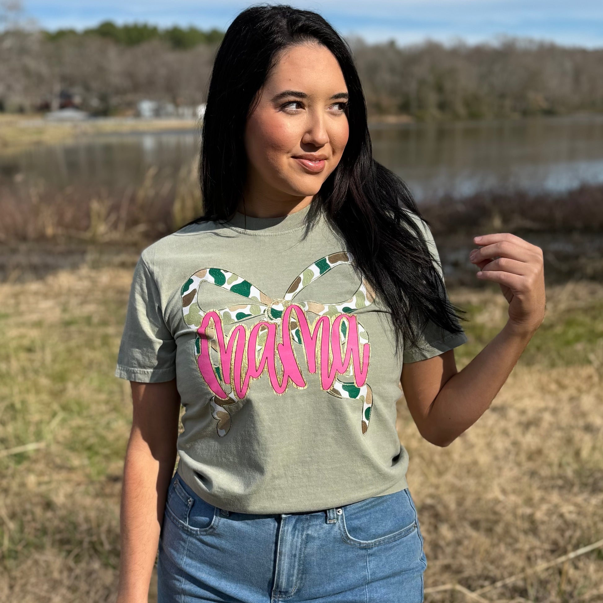 Envy Stylz Boutique Women - Apparel - Shirts - T-Shirts Mama Camo Bow Faux Glitter Graphic Tee