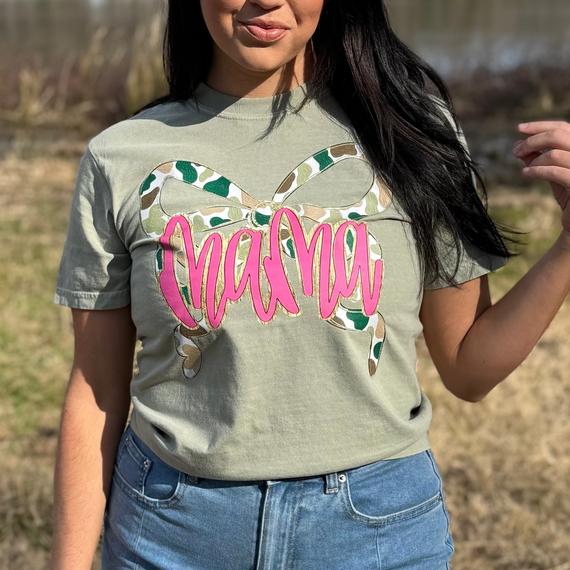 Envy Stylz Boutique Women - Apparel - Shirts - T-Shirts Mama Camo Bow Faux Glitter Graphic Tee