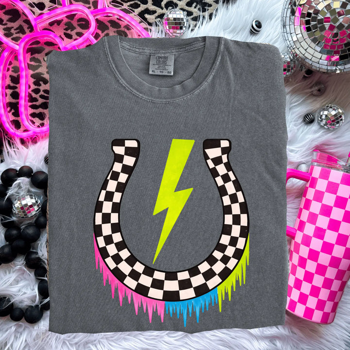 Envy Stylz Boutique Women - Apparel - Shirts - T-Shirts Neon Checkered Bolt Horseshoe Graphic Tee