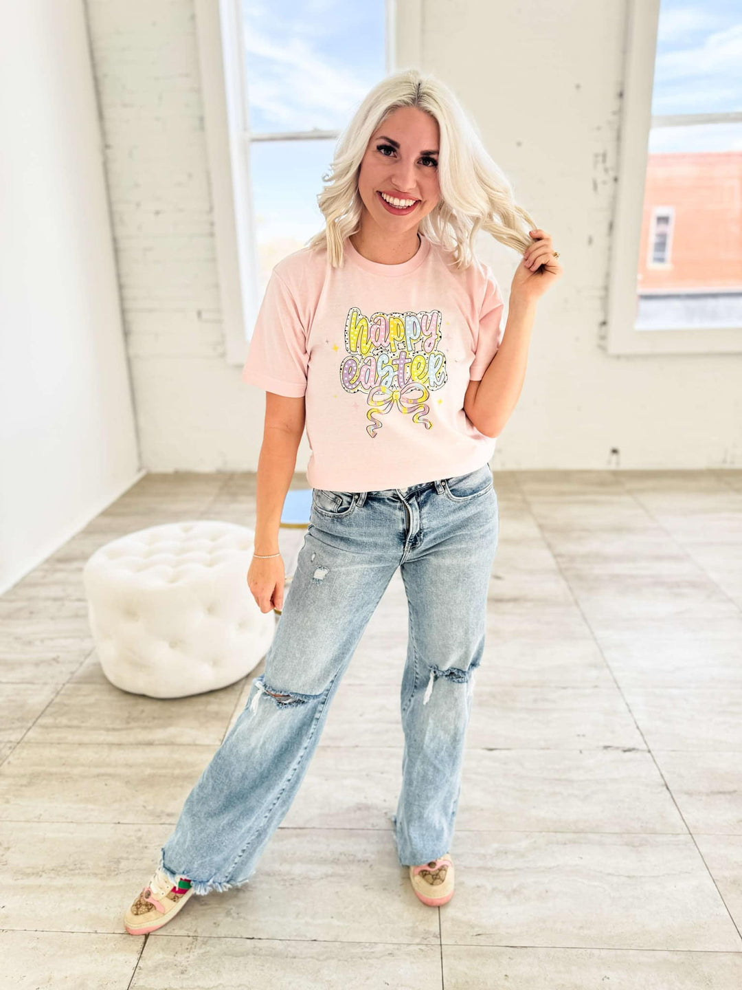 Envy Stylz Wholesale Women - Apparel - Shirts - T-Shirts Happy Easter Dots &amp; Bow Graphic Tee