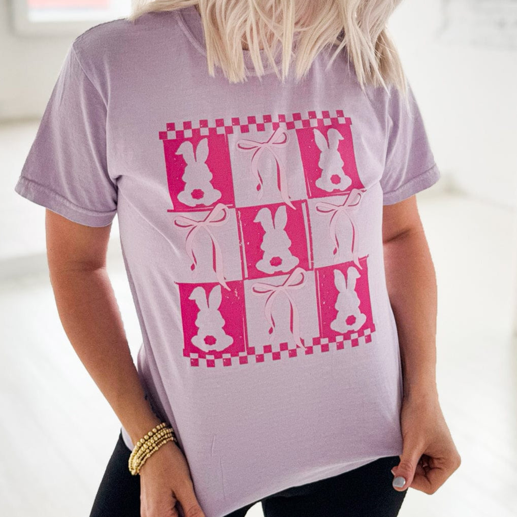 Envy Stylz Wholesale Women - Apparel - Shirts - T-Shirts Pink Checker Rabbit & Bows Graphic Tee