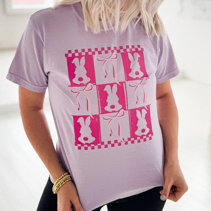 Envy Stylz Wholesale Women - Apparel - Shirts - T-Shirts Pink Checker Rabbit &amp; Bows Graphic Tee