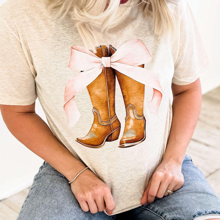 Envy Stylz Wholesale Women - Apparel - Shirts - T-Shirts Western Boots &amp; Pink Bow Graphic Tee