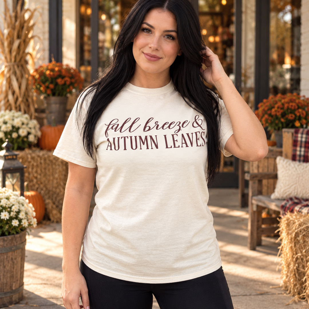 Woman modeling Fall Breeze and Autumn Leaves Natural Graphic Tee, complete front view