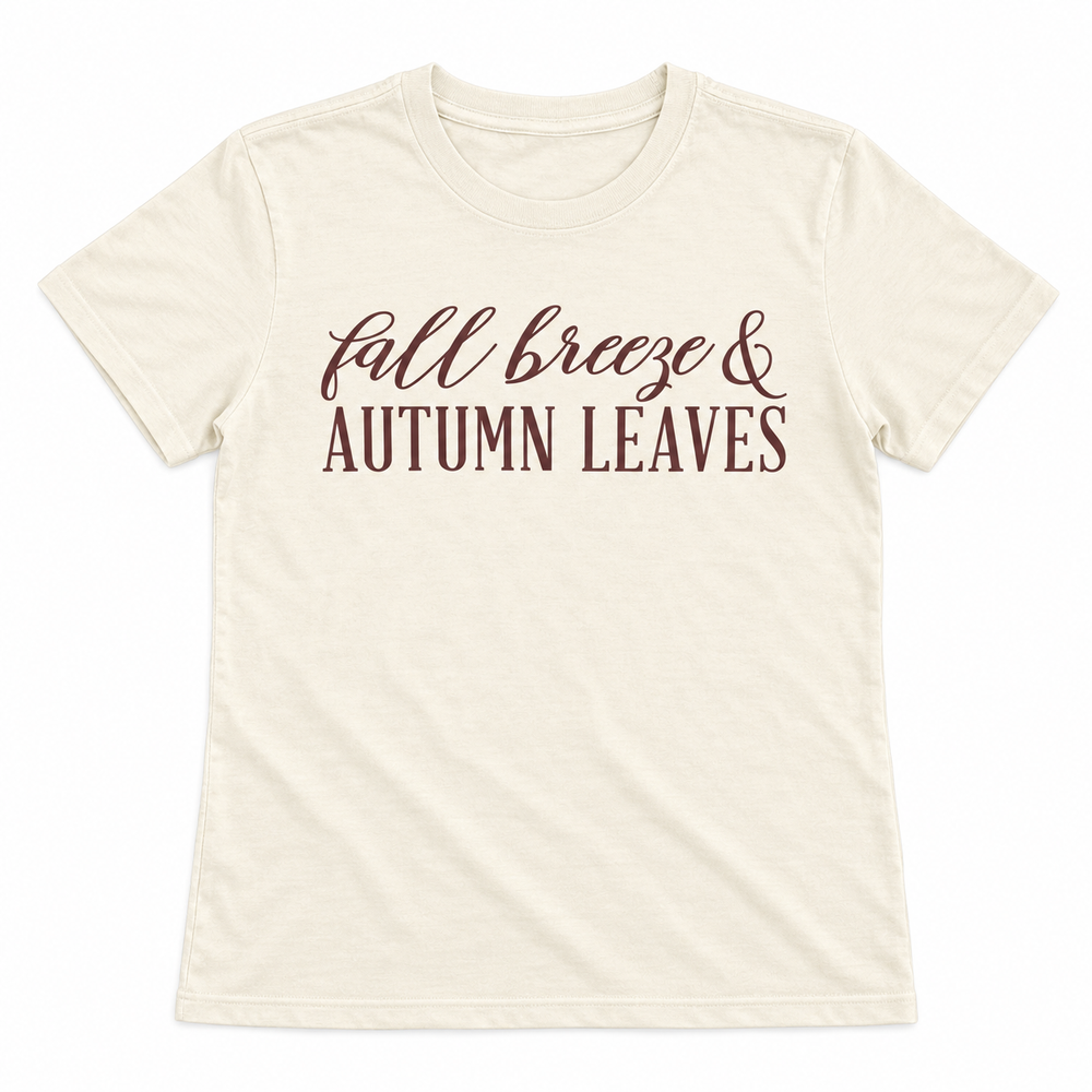 Fall Breeze and Autumn Leaves Natural Graphic Tee laid flat on pure white
