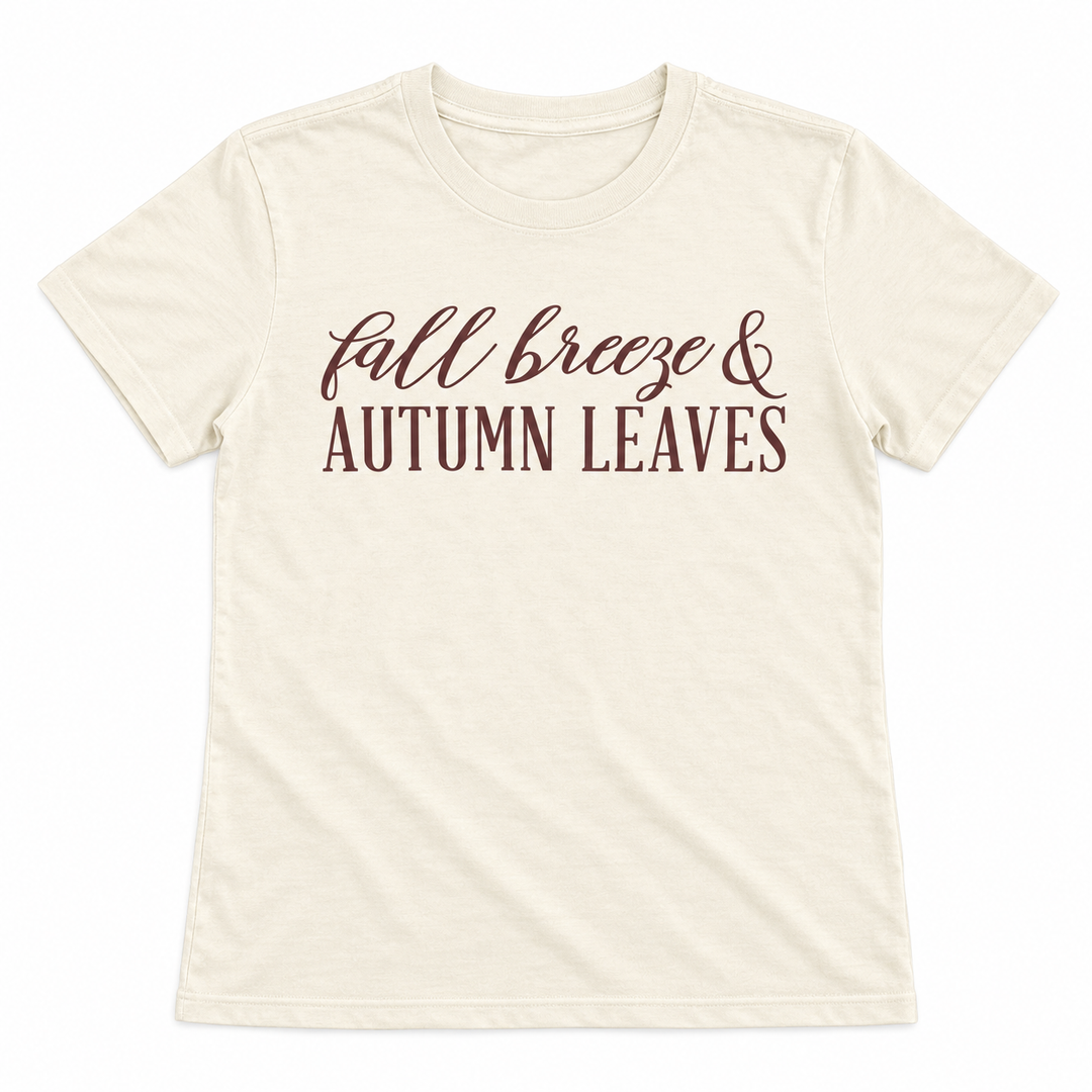 Fall Breeze and Autumn Leaves Natural Graphic Tee laid flat on pure white