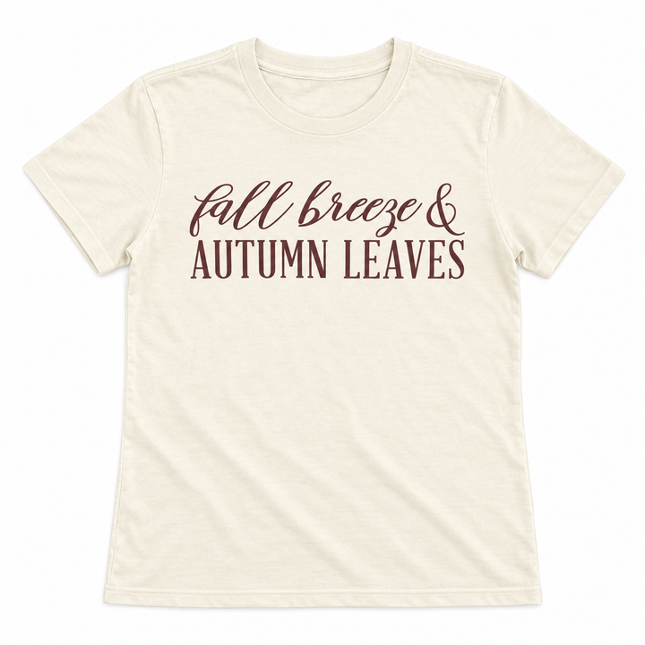 Fall Breeze and Autumn Leaves Natural Graphic Tee laid flat on pure white