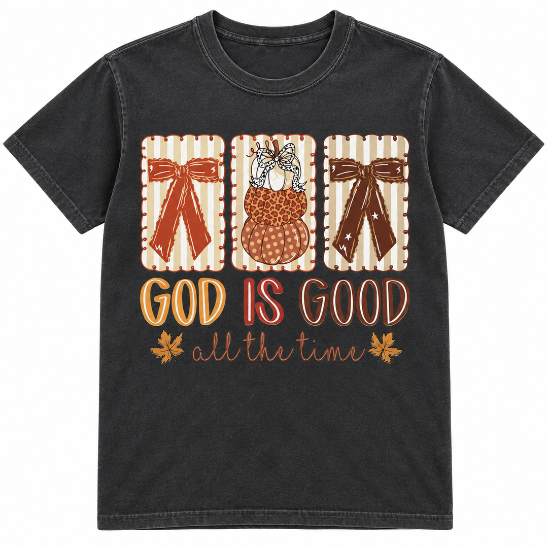 Fall God Is Good Pepper faith tee complete flat view on pure white