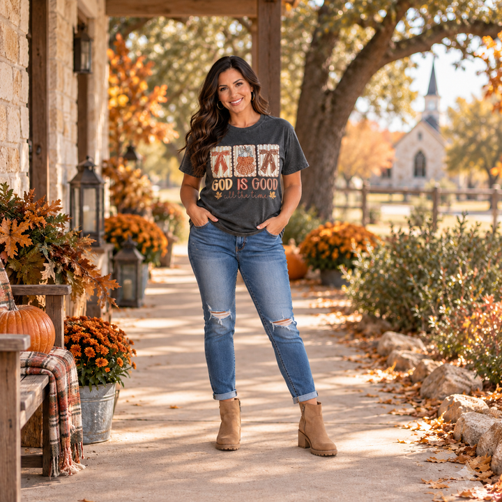 Woman wearing Fall God Is Good Pepper faith tee in small-town Central Texas