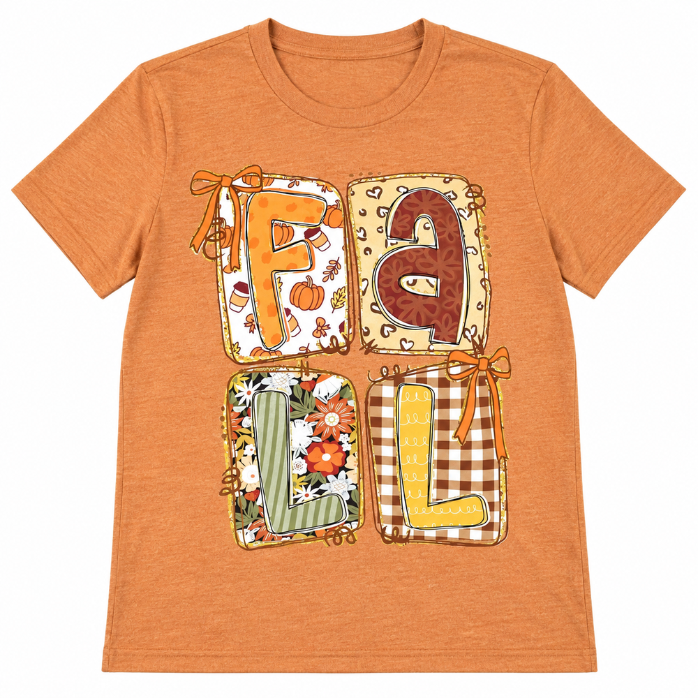 Orange Fall Things graphic tee flat lay on pure white background