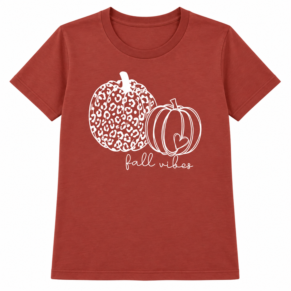 Fall Vibes leopard pumpkin terracotta tee complete flat view on pure white