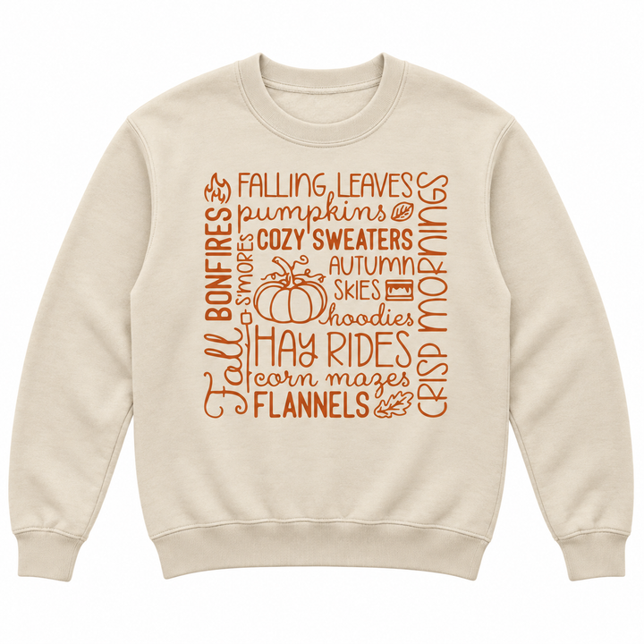 Fall Words Collage Tan Graphic Crewneck lay-flat on pure white background