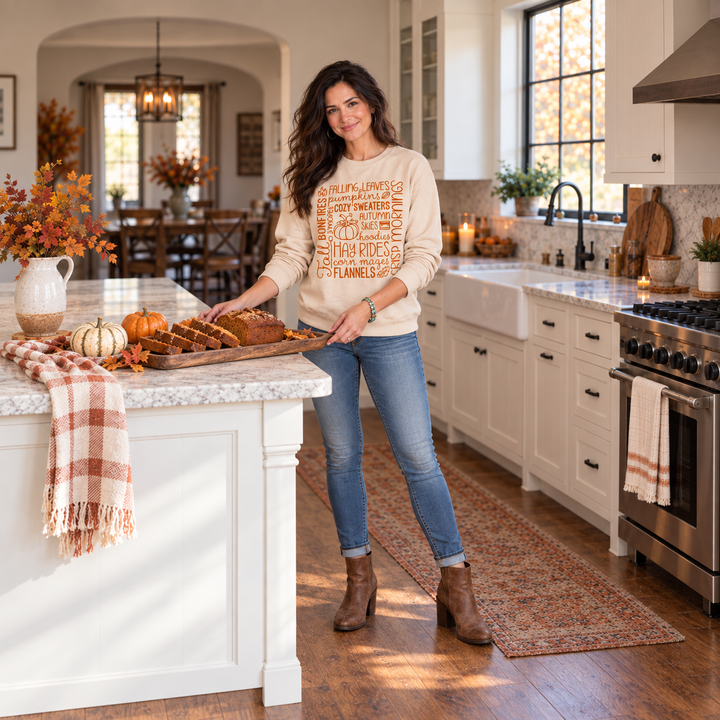 Fall Words Collage Tan Graphic Crewneck full-body farmhouse kitchen lifestyle