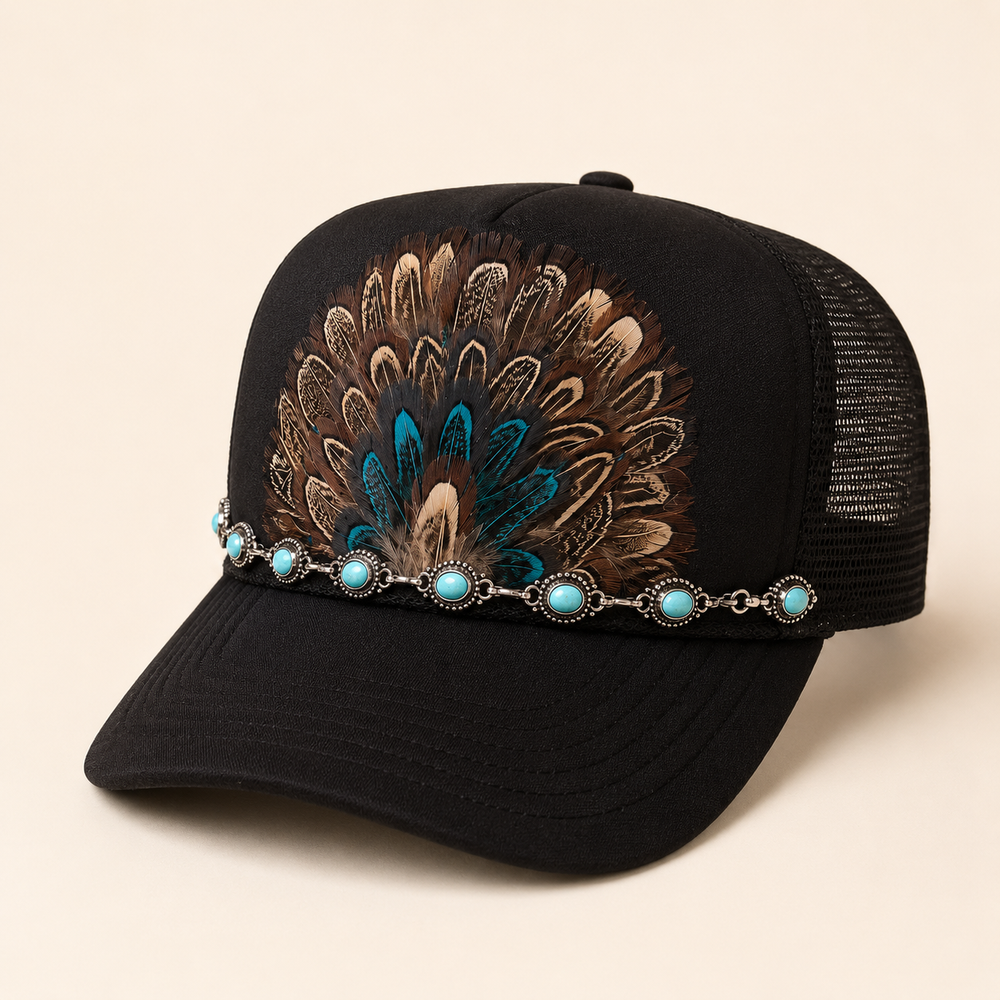 Black Western trucker hat with layered feather fan and turquoise concho chain, product view