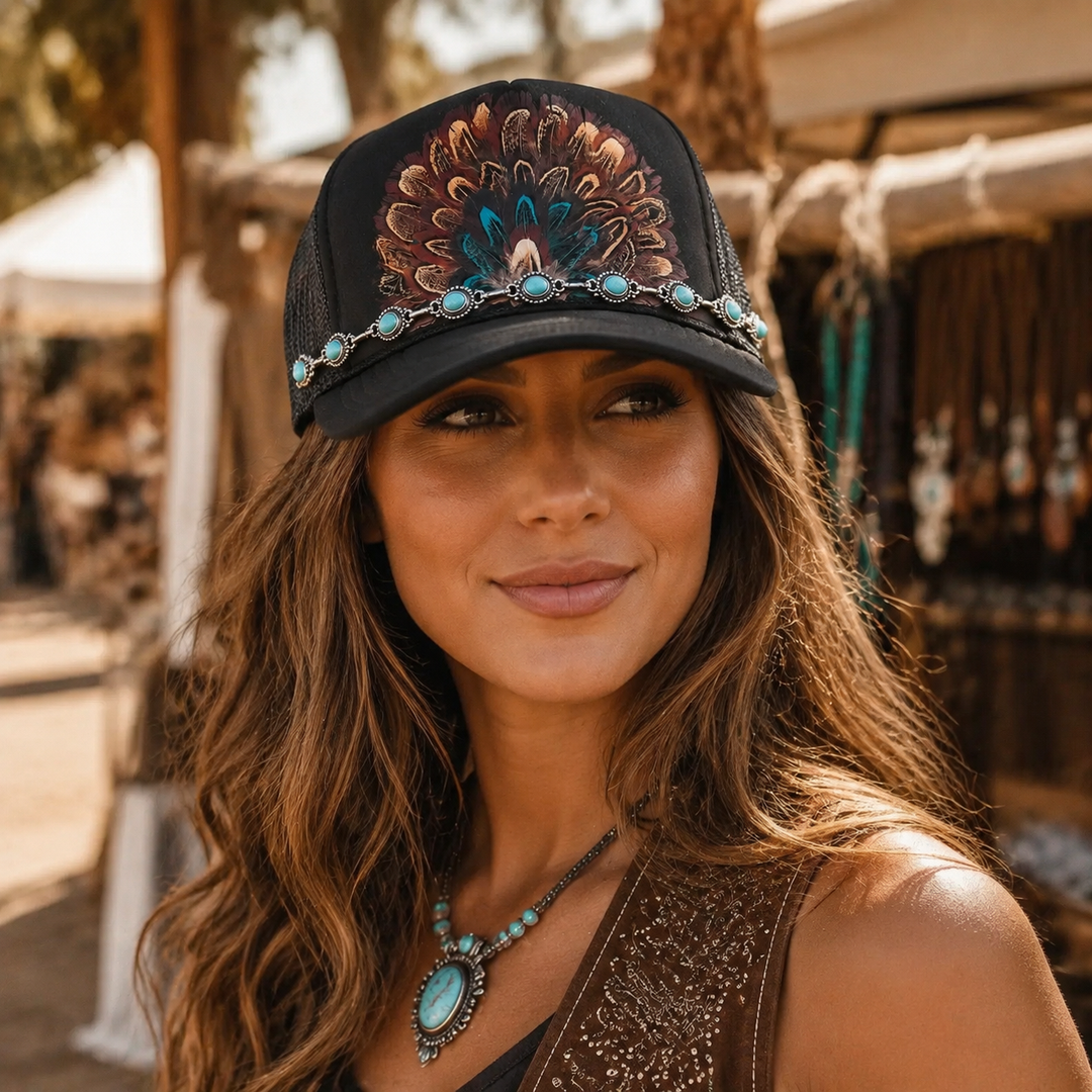 Woman wearing a fitted black Western trucker hat with feather fan and turquoise concho chain