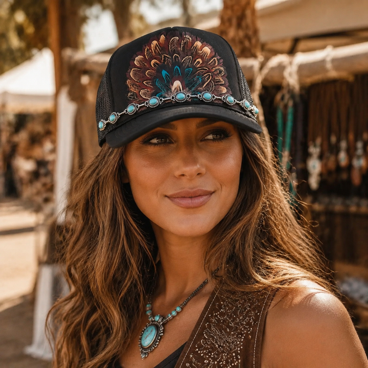 Woman wearing a fitted black Western trucker hat with feather fan and turquoise concho chain