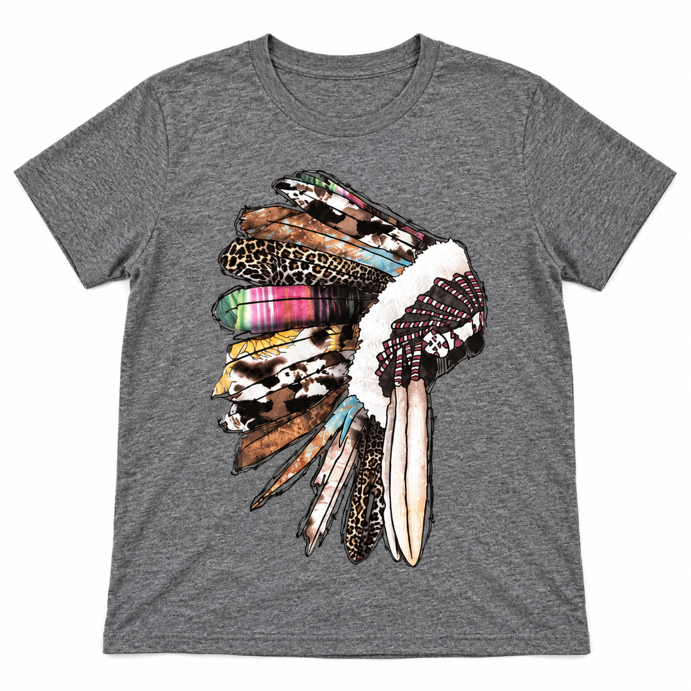 Feather Leopard Serape heather gray graphic tee lay-flat on white