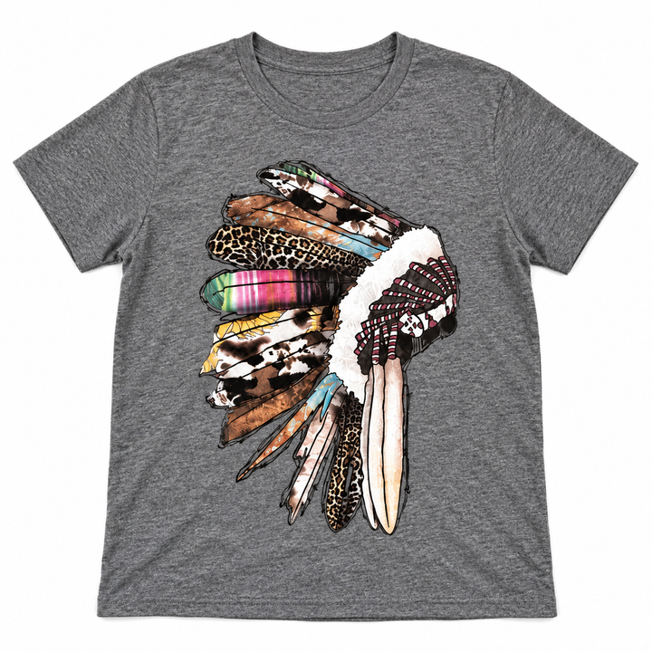 Feather Leopard Serape heather gray graphic tee lay-flat on white