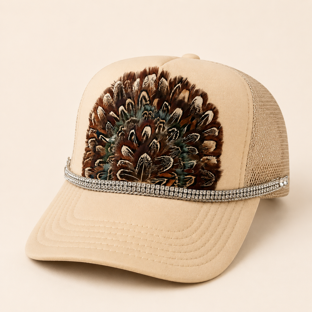 Cream boho trucker hat with brown feather fan and double-row rhinestone band, product view
