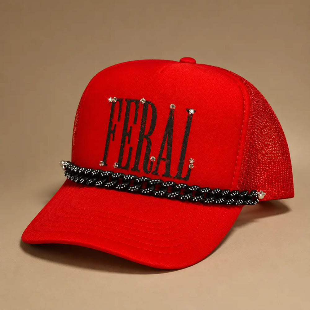 Red Feral Western trucker hat with rhinestones and black chain trim, product view