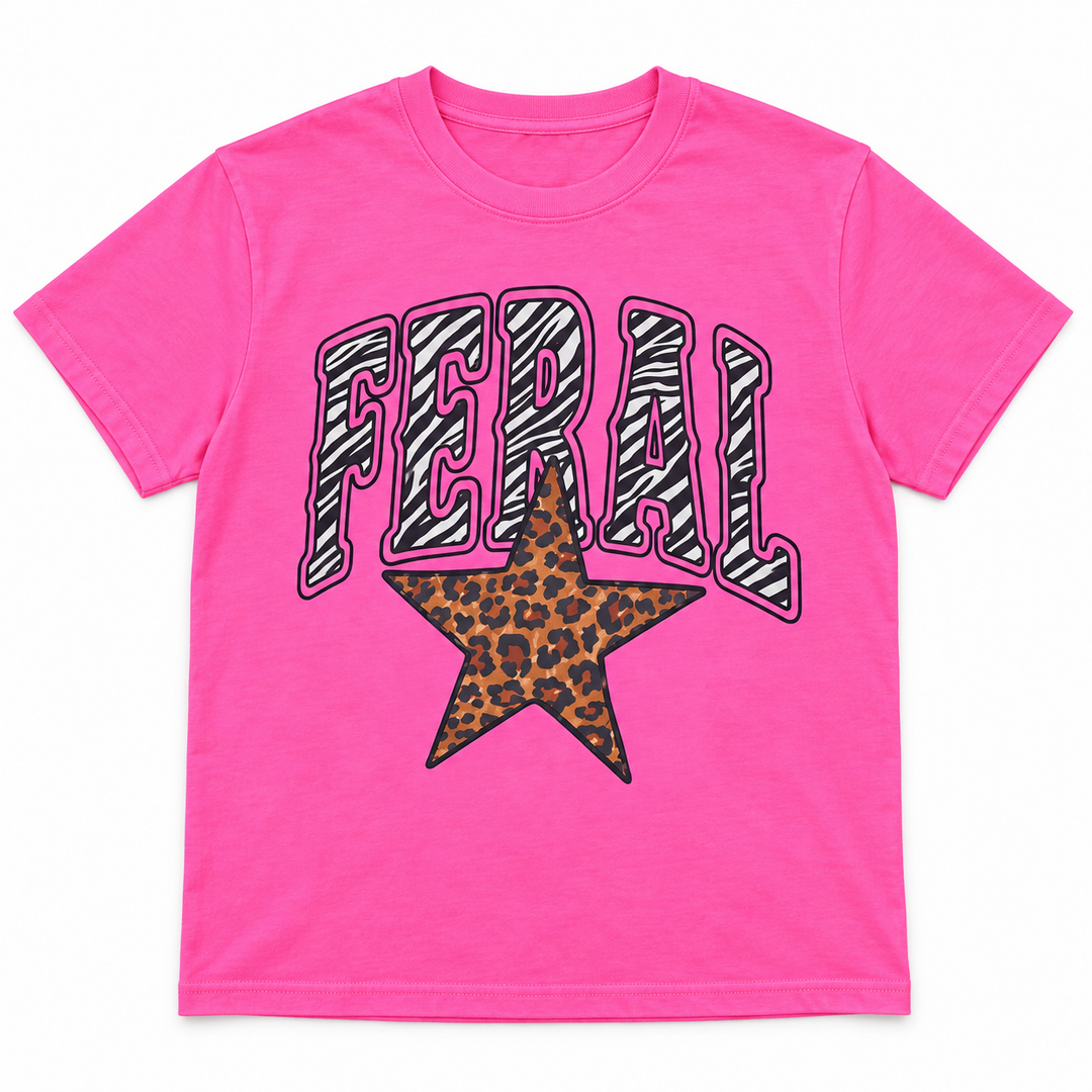 Feral zebra leopard star neon pink tee lay-flat on white