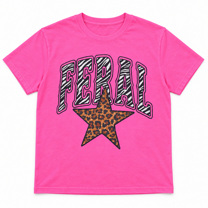 Feral zebra leopard star neon pink tee lay-flat on white