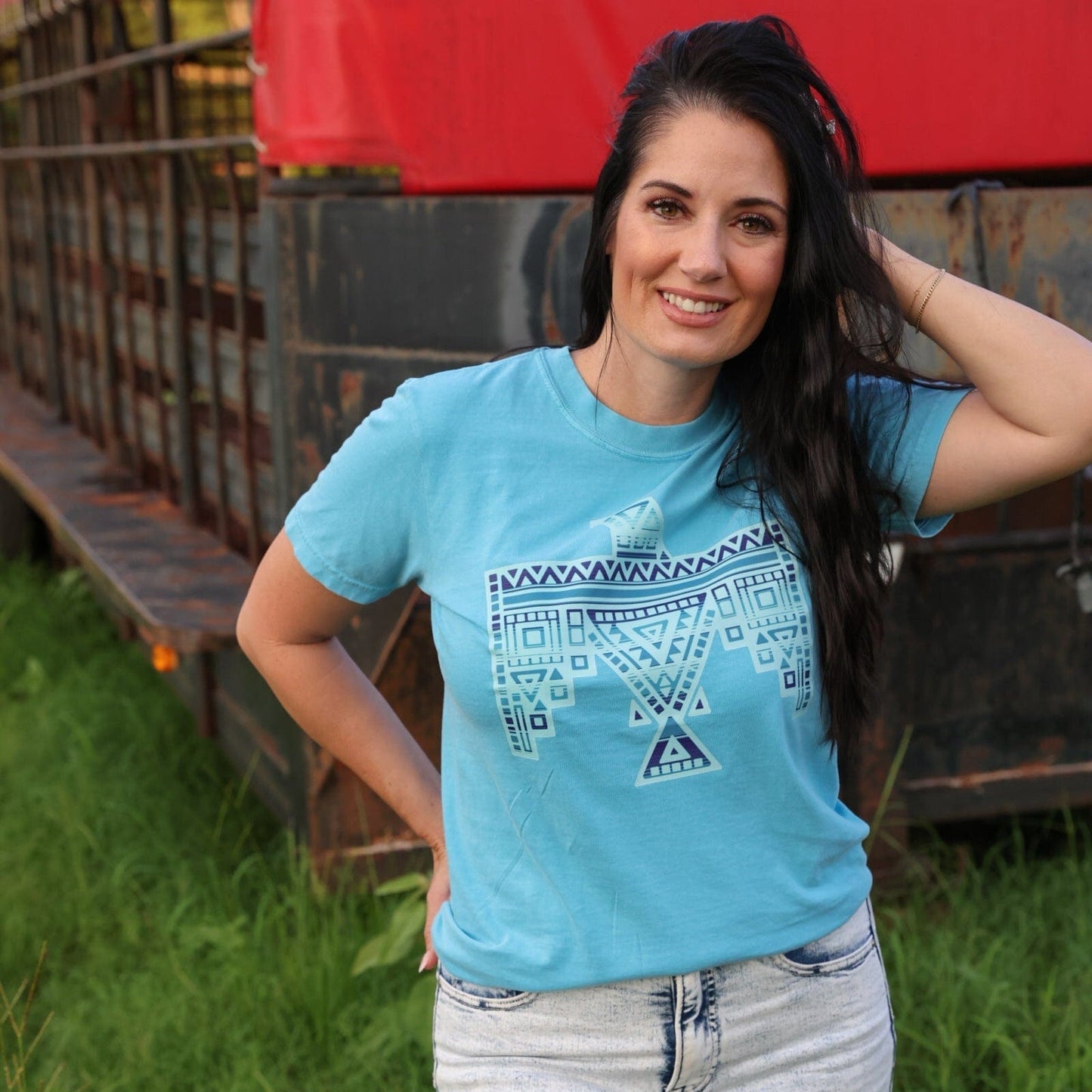 FestiviTees Women - Apparel - Shirts - T-Shirts Blue Aztec Thunderbird Graphic Tee