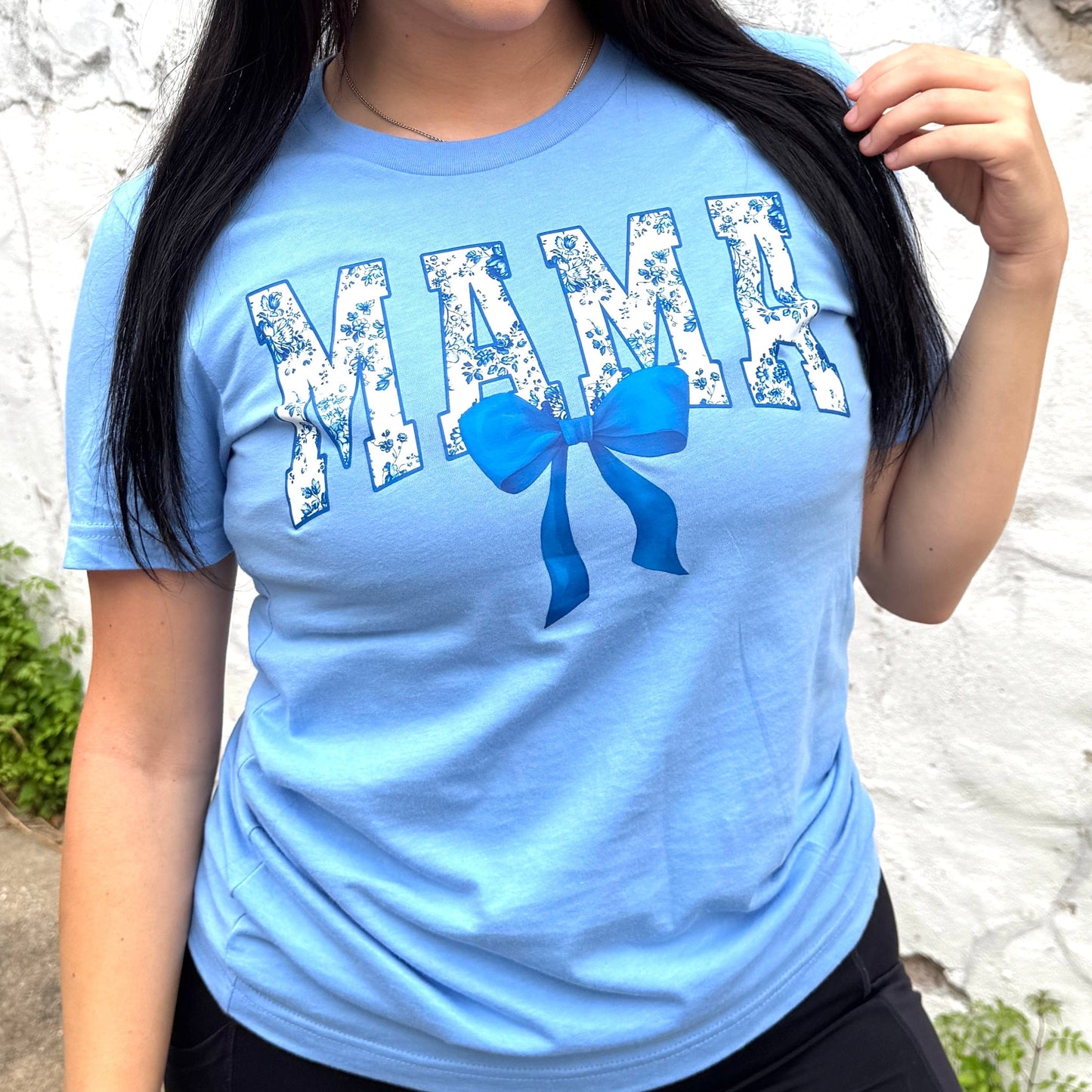 FestiviTees Women - Apparel - Shirts - T-Shirts Blue Floral Mama with Bow Graphic Tee