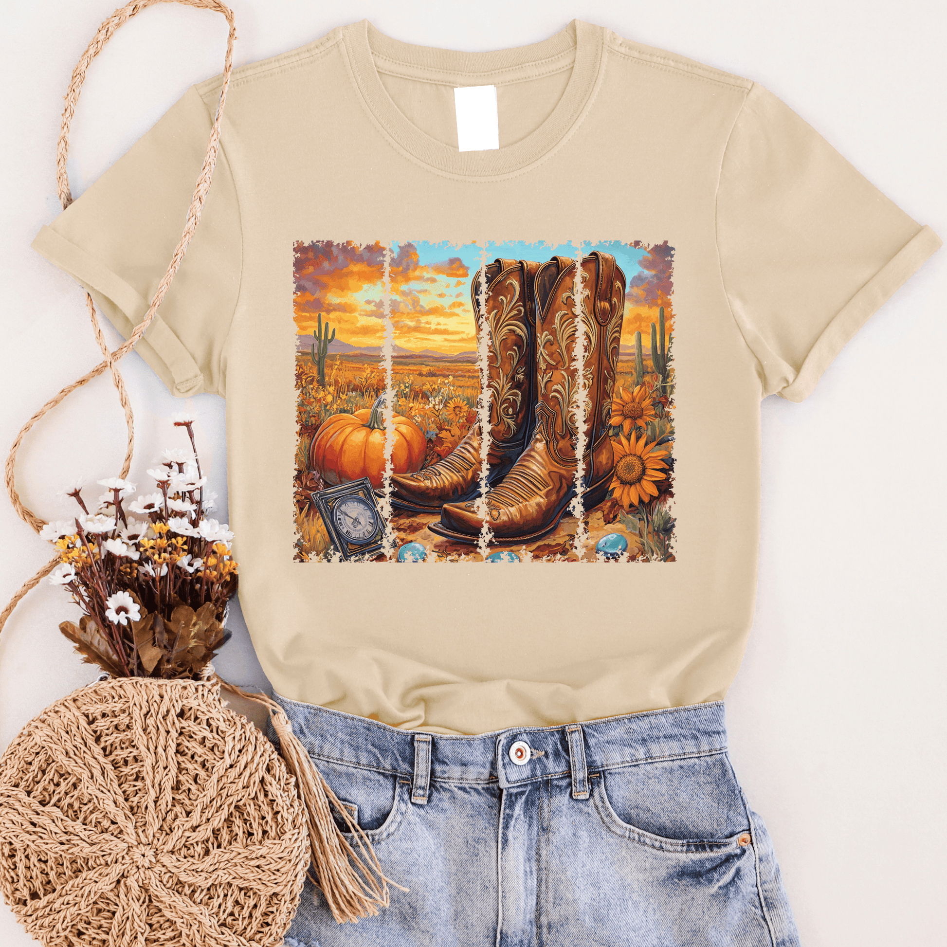 FestiviTees Women - Apparel - Shirts - T-Shirts Boot Fall Sunset Graphic Tee