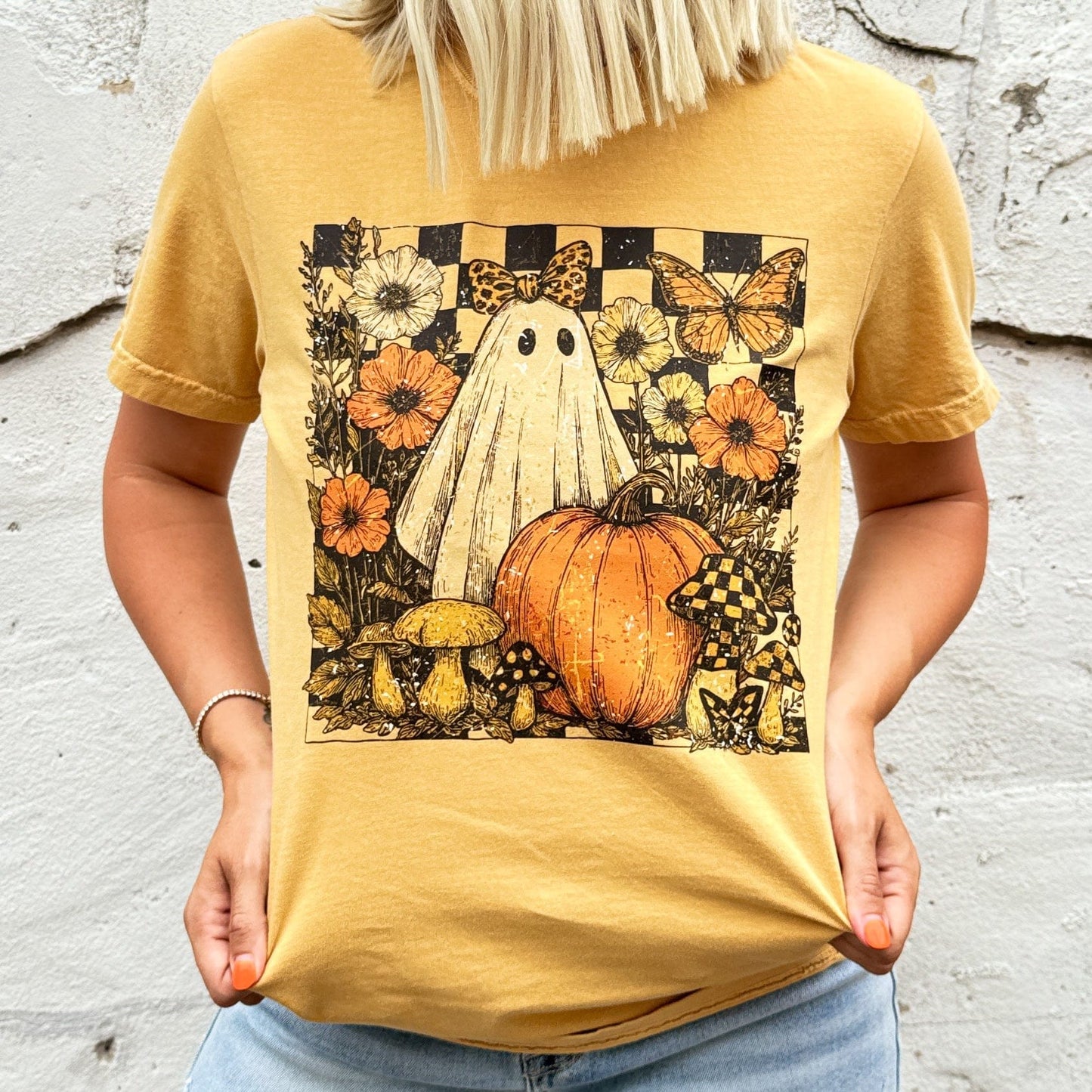 FestiviTees Women - Apparel - Shirts - T-Shirts Checker Ghost Floral Soft Graphic Tee