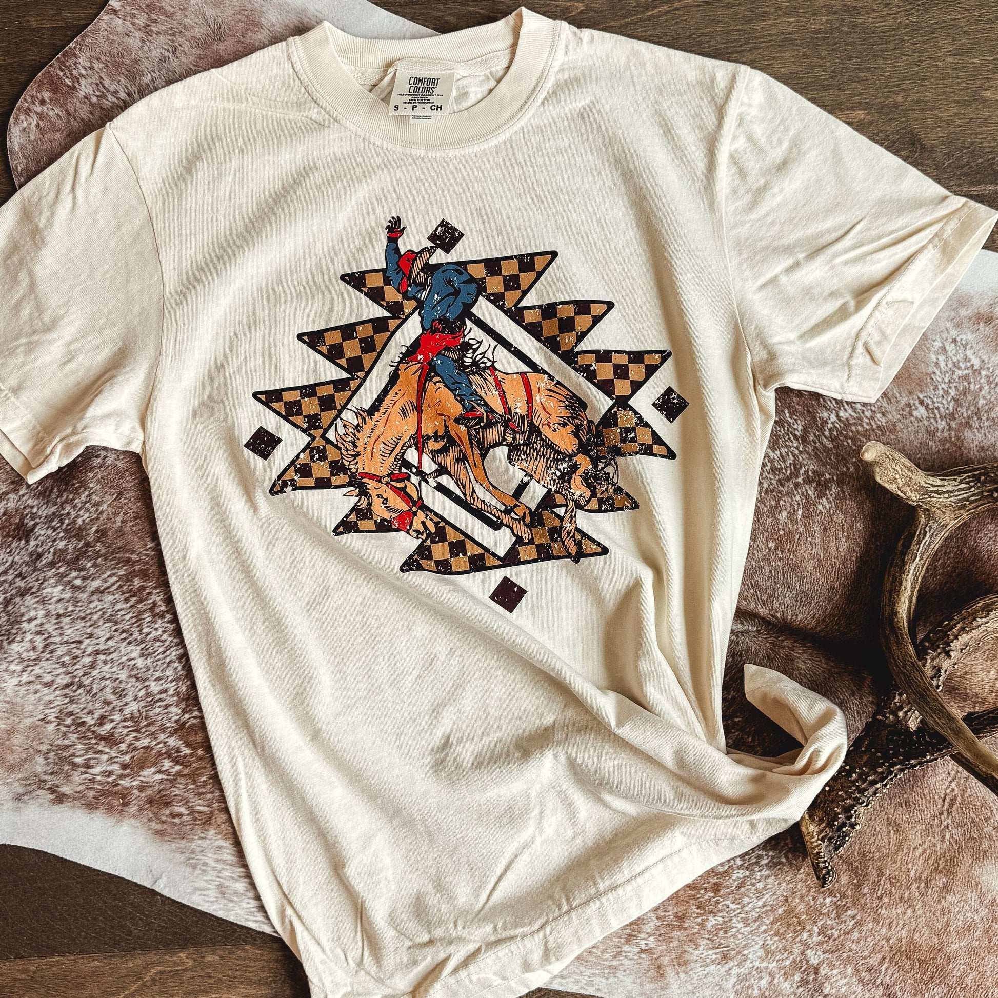 FestiviTees Women - Apparel - Shirts - T-Shirts Checker Turquoise Rodeo Rider Graphic Tee